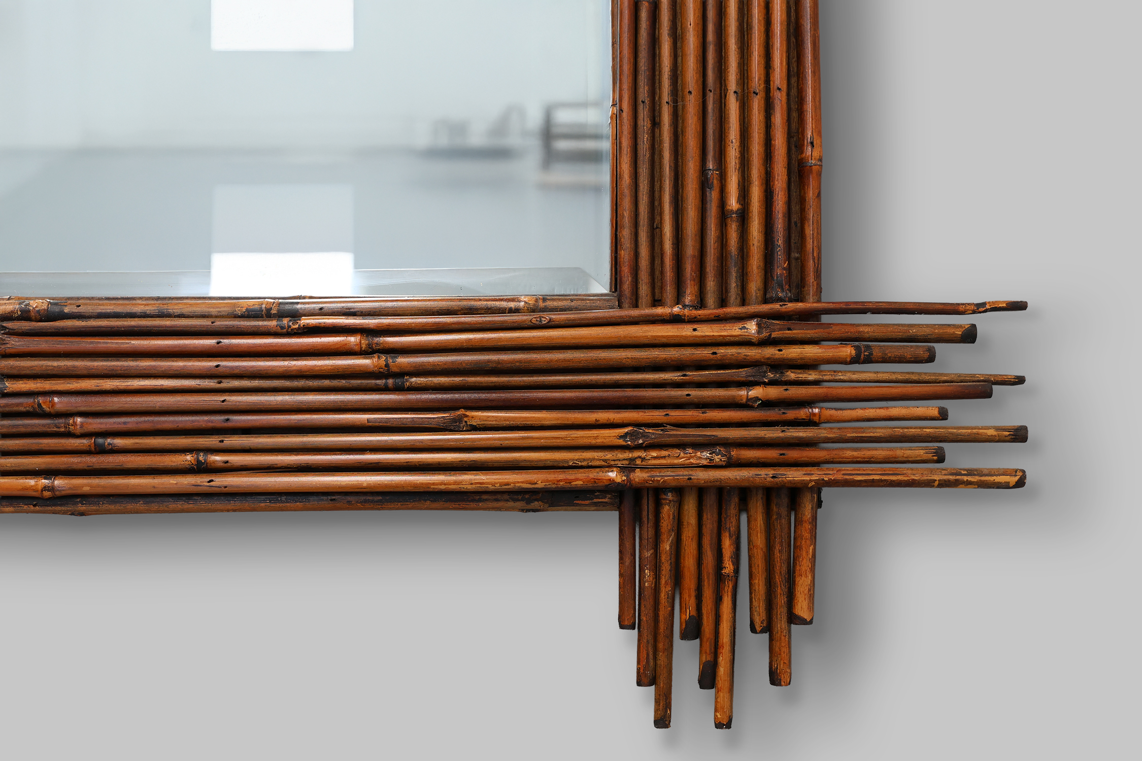  Large Vintage bamboo mirror with beveled mirror, France 1960sthumbnail